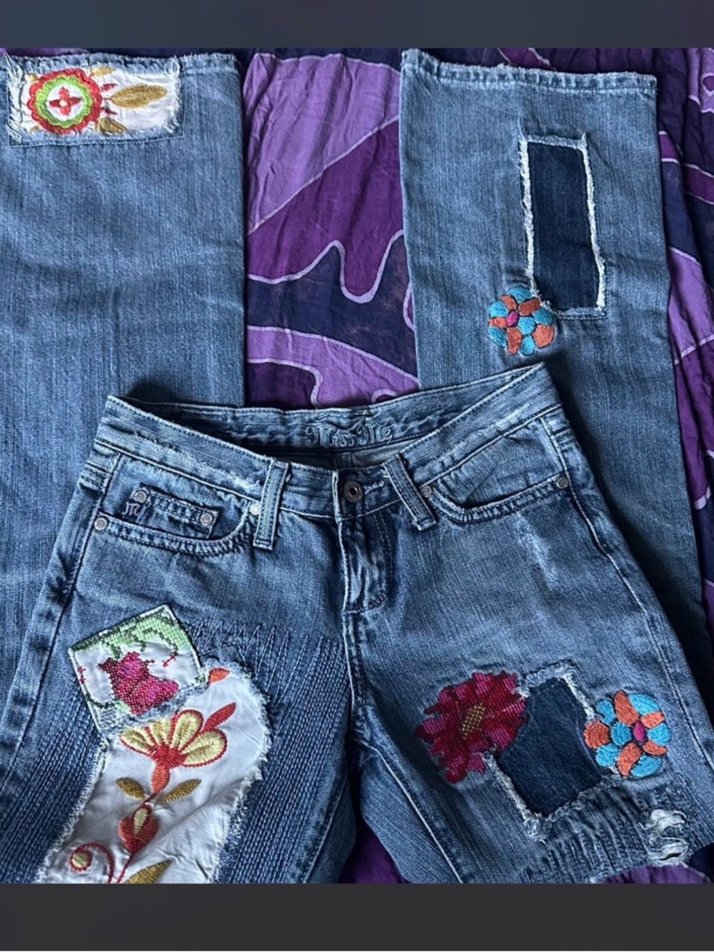 Miss Me Blue Denim Boot Cut Jeans with Colorful Embroidered Patches